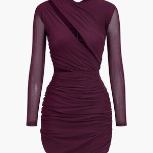 Red Asymmetrical Ruched Long Sleeve Cocktail Dress